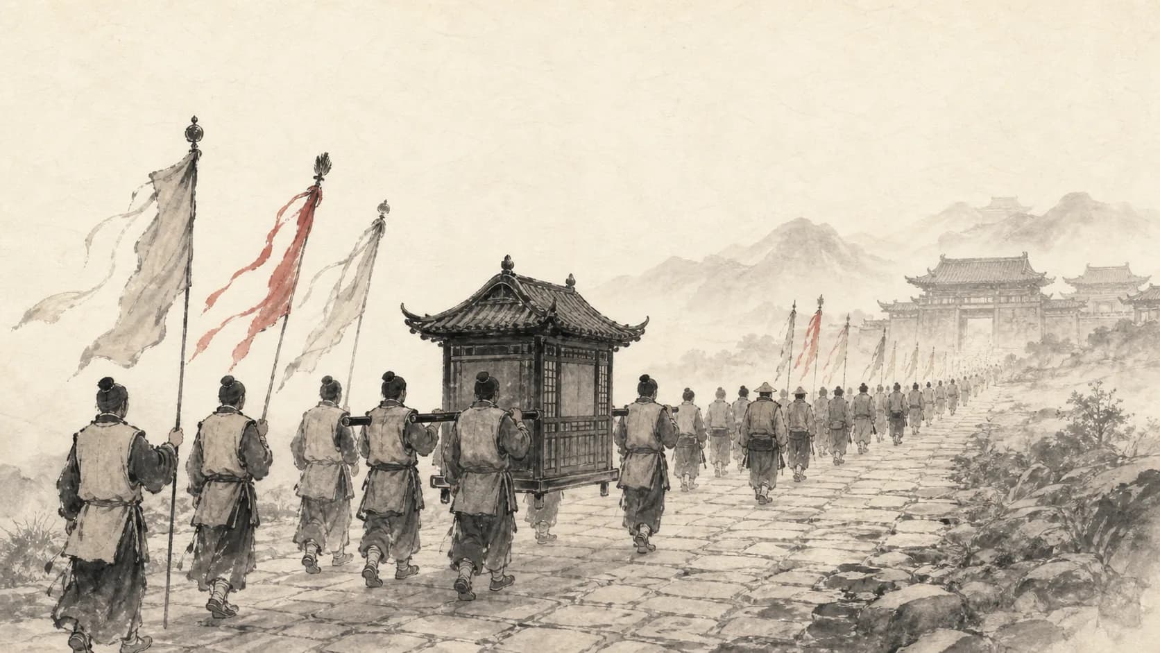 進香隊伍扛神轎行於古道
